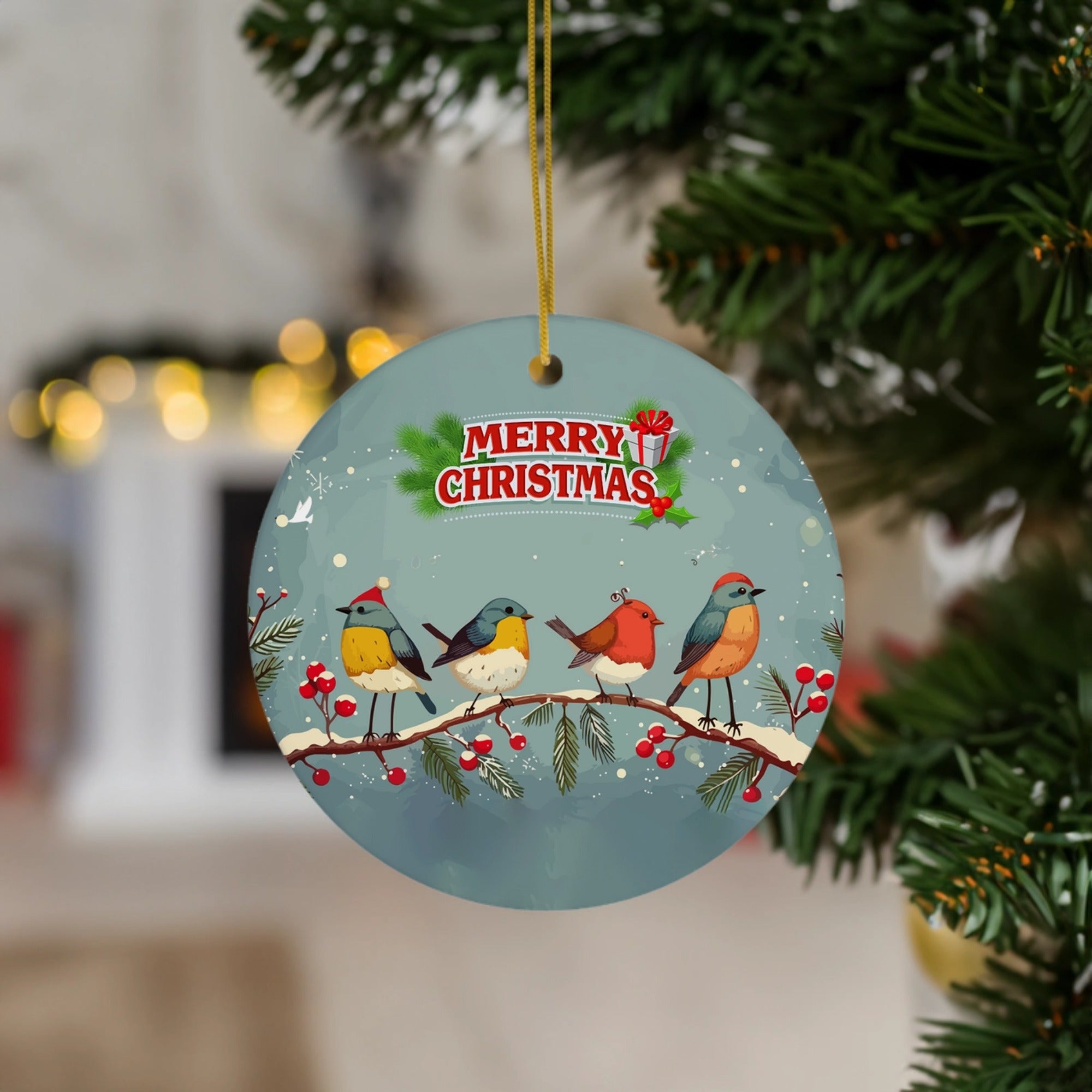 Merry Christmas Birds | Festive Decor with Colorful Winter Birds | Ceramic Ornament